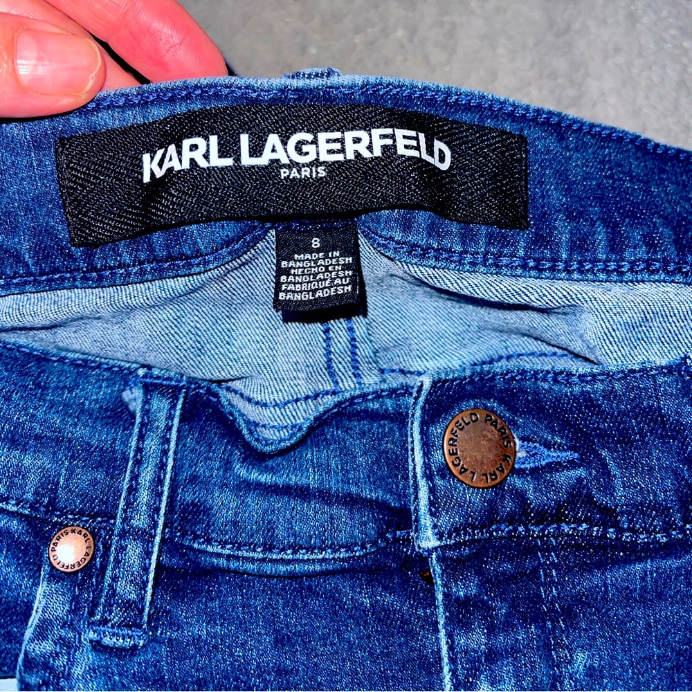 SOLD KARL LAGERFELD Skinny Stretch Cuffed Fringe Detail Jeans Size 8 Coco Chanel